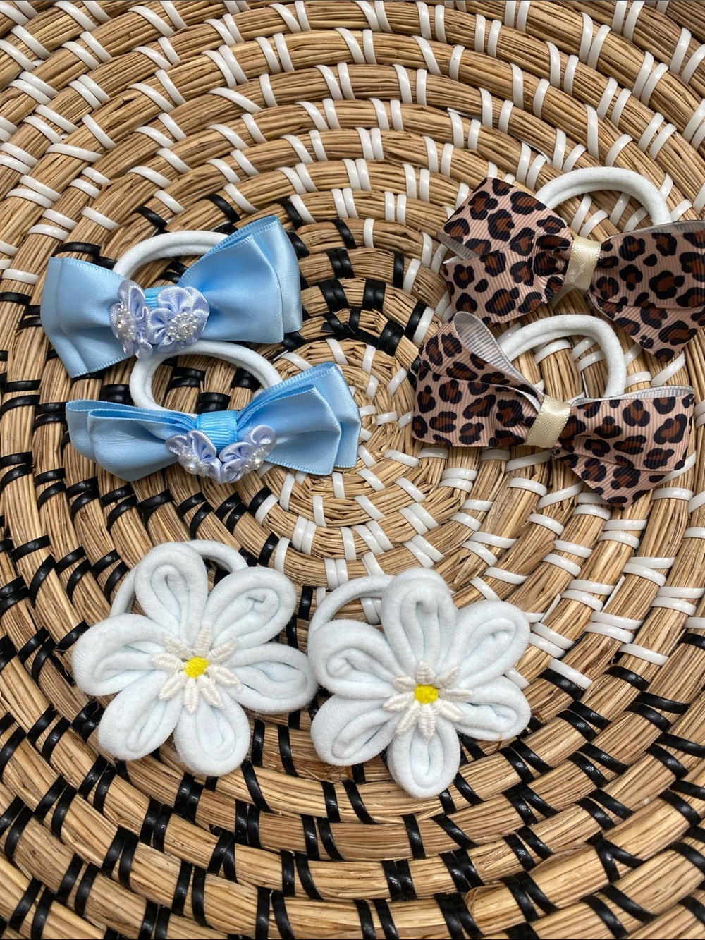 Kids Bow and Flower Hair Tie Set - Light Blue, White, Leopard Print